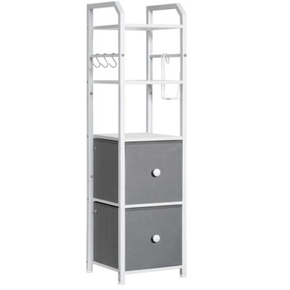5-Tier Badezimmerleiterregal, Schmales Leiter-Bücherregal mit 2 Schubladen, Aufbewahrungsregal mit Haken und Toilettenpapierhalter, für Badezimmer, Wohnzimmer, Büro, Weiß und Grau