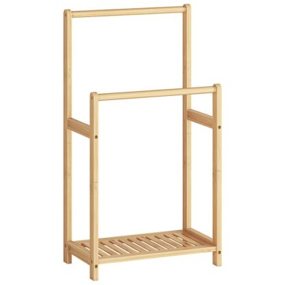 estante de toallas independientes para el baño, 2 estante de manta de bambú decorativo de nivel, Stand de visualización de colchas con estante de almacenamiento, 16.5" L x 9.4" W x 30.5" h, dormitorio, sala de estar, color natural