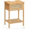 Bamboo End Table with Charging Station, Rattan Nightstand with Flip-Down Door Drawer, Side Table for Small Space, Sofa Side Table Easy to Assemble, for Bedroom, Living Room, Natural