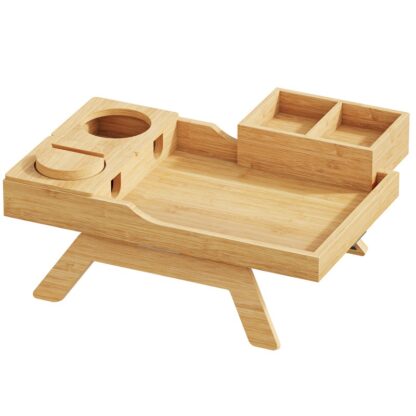 Natürliche Couch Arm Table - 6 In 1 Couch Armlehnentisch, Massives Holzsofa -Armclip auf den Seitentisch mit 360 ° gedrehter Halter und abnehmbarer Snackschale, Bambus Couch Cup Halter Tablett für Getränke, Fernbedienung
