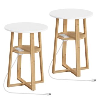 Set van 2 Ronde bijzettafels met laadstation, Ronde accenttafel met bamboepoten voor de woonkamer, Slaapkamer, Wit en natuurlijk