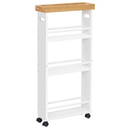 4-carro de almacenamiento delgado de nivel con ruedas, carrito de cocina enrollable de bambú con bandeja extraíble, Carro de lavandería con organizador de estanterías abiertas para espacios pequeños en el dormitorio, cocina, lavadero, blanco