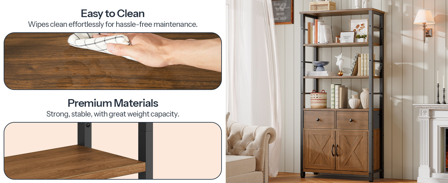 5-Tier Bookshelf, Tall Bookcase with Drawers and Storage Cabinet