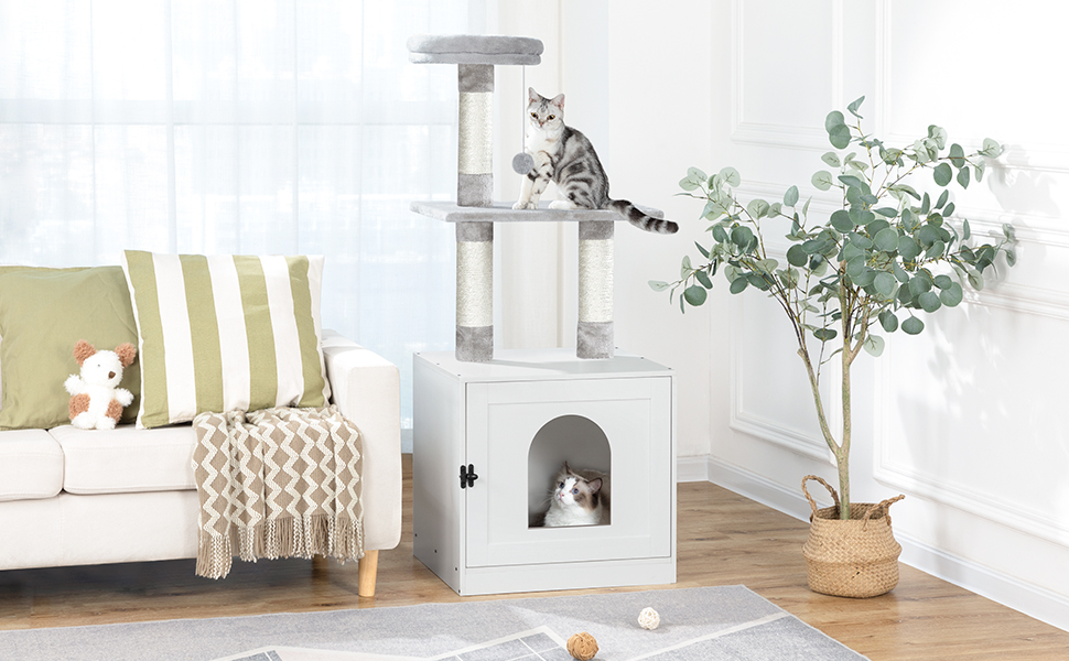 Kedi Ağacı Kulesi ile Çöp Kutusu Muhafazası
