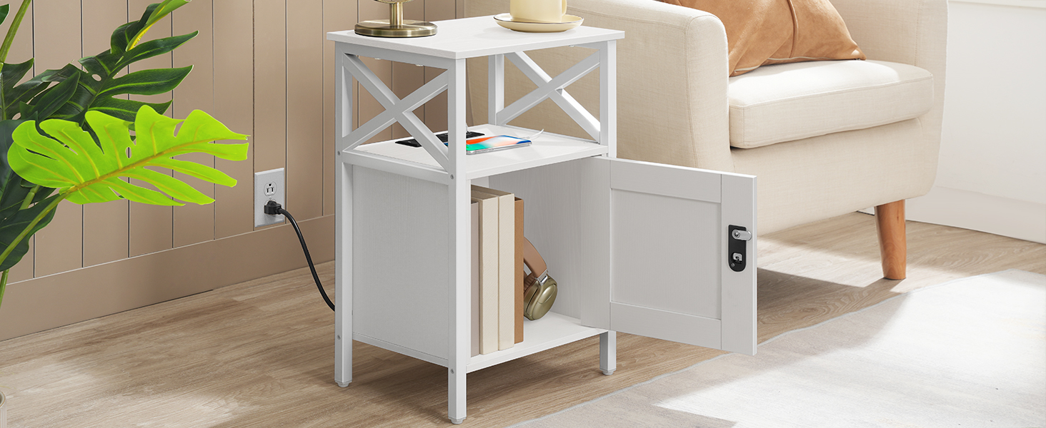 Side Tables with USB Ports & Wyloty, Night Stand with Storage Shelf & Haczyki