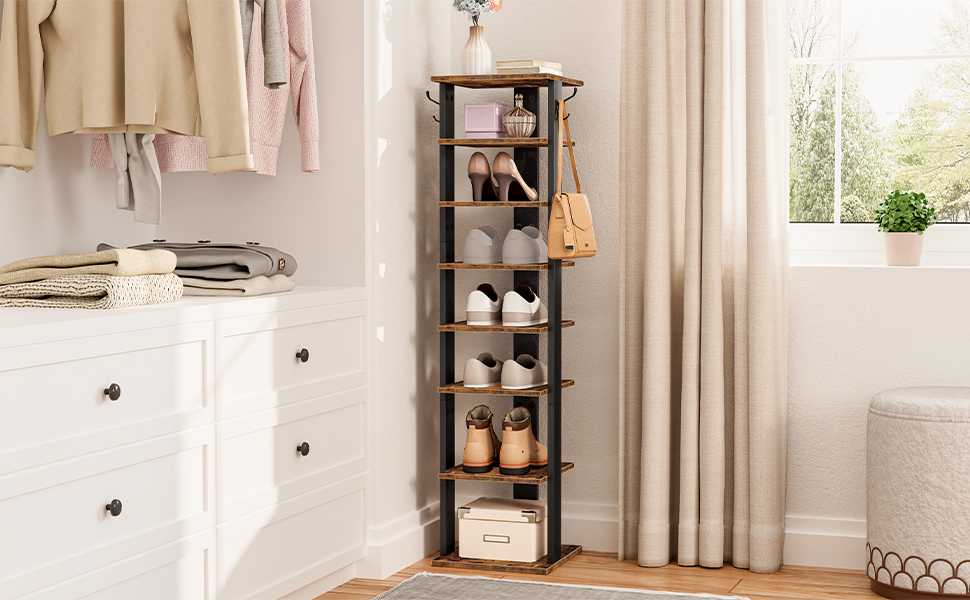 Shoe Rack Wooden, Tall Shoe Rack, Narrow Shoe Storage Organizer with 2 Hooks,  Slim Shoe Shelf