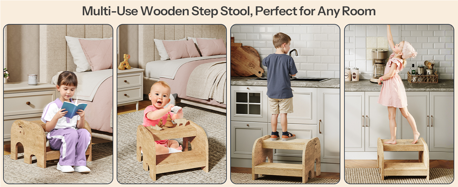 Sgabello per bambini, Sgabello a 2 livelli in legno a forma di elefante per bambini