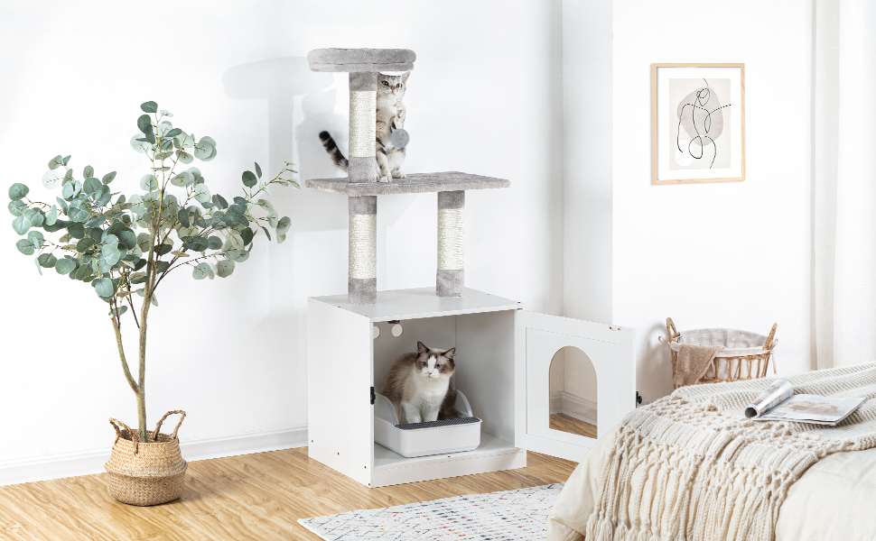 Litter Box Enclosure with Cat Tree Tower