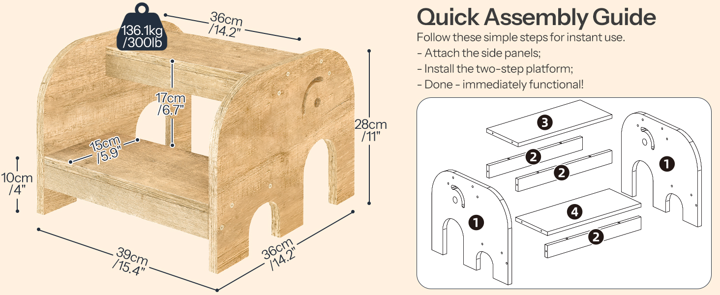 Sgabello per bambini, Sgabello a 2 livelli in legno a forma di elefante per bambini