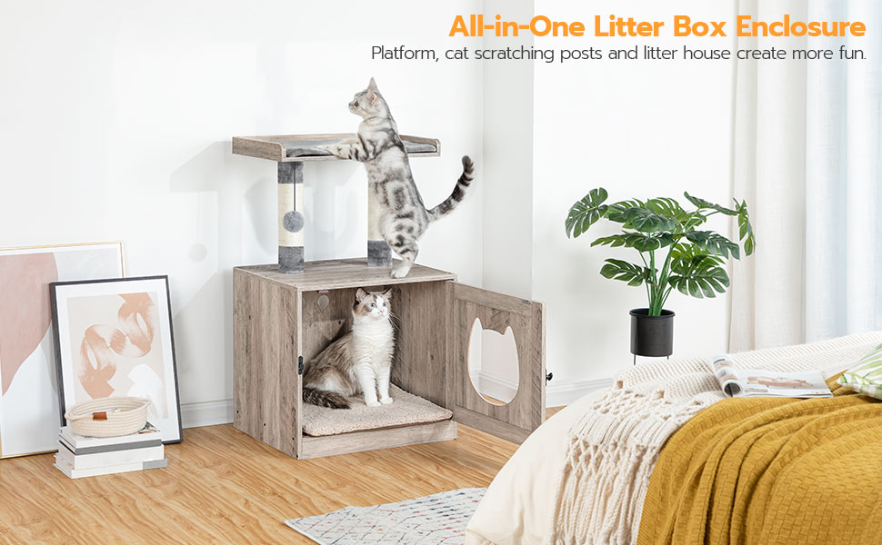 litter box enclosure with cat tree tower