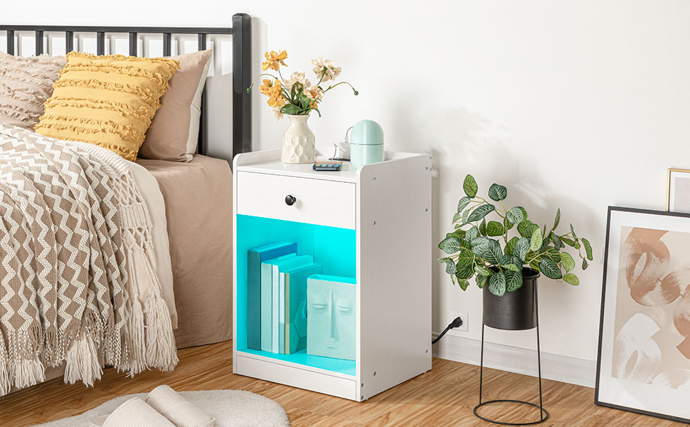 Nightstand with Charging Station and LED Lights