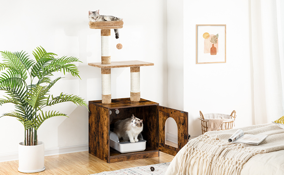 Caja de arena con torre de árbol para gatos